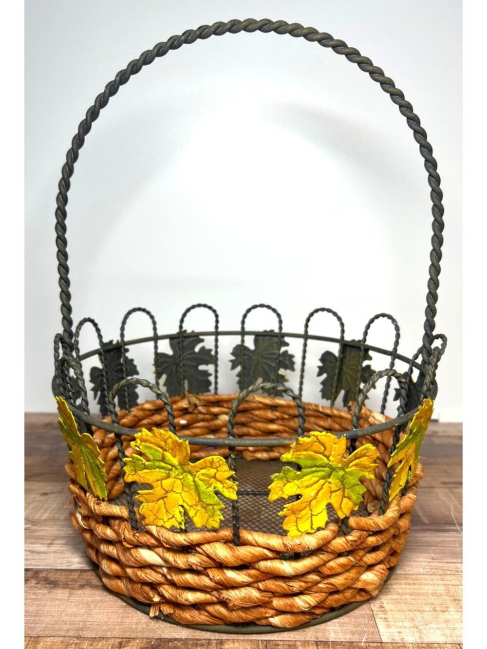 Woven Metal Basket With Yellow Leaf Accents & Mesh Base